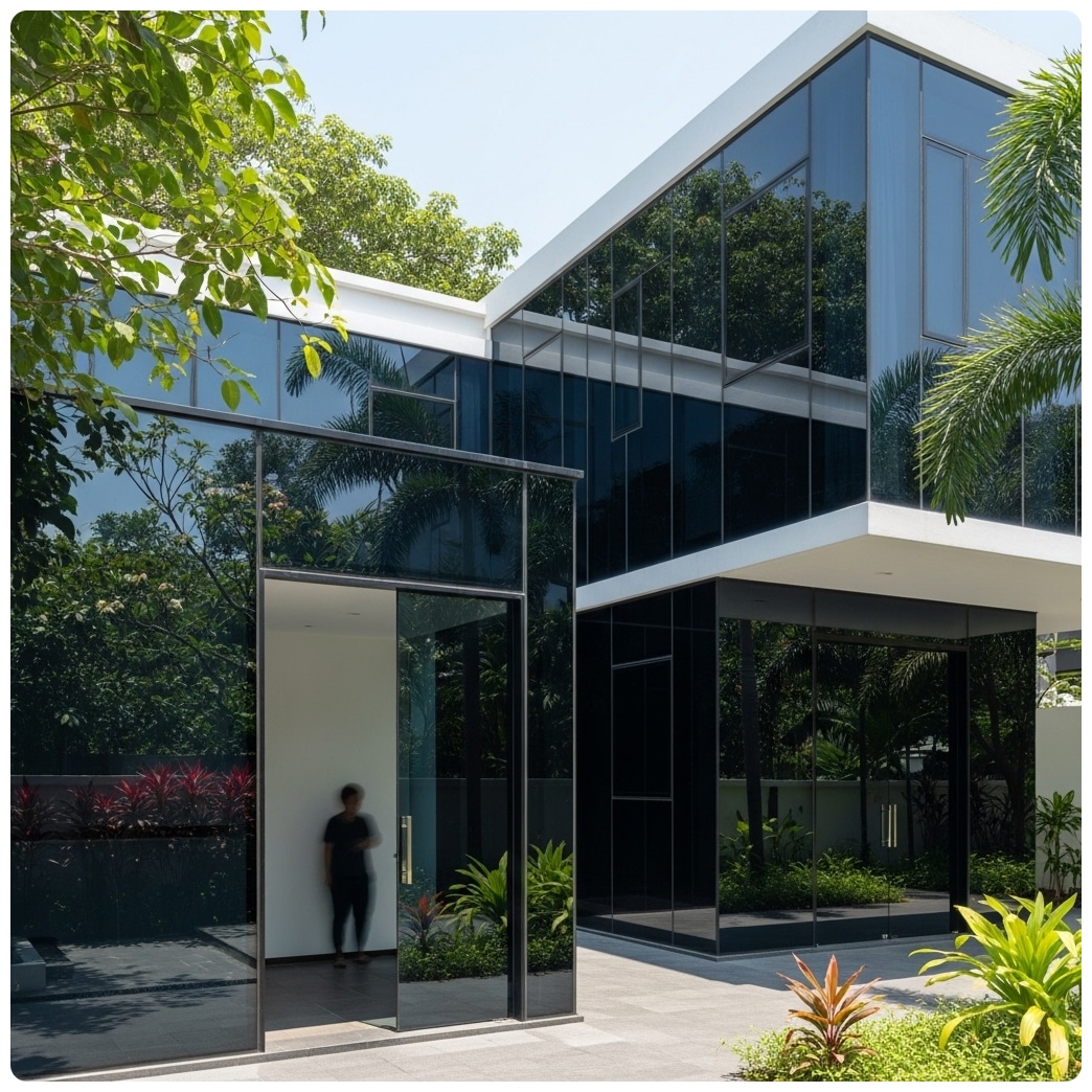 Modern building showcasing professional window film installation in KL - Sleek glass architecture with tinted windows and tropical landscaping